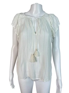 Lucky Brand Women's Blouse Top Shirt White Gold Cap Sleeve Tassel Tie Size S - Picture 1 of 12
