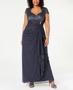 Betsy & Adam Size 24W Gray Sequined Lace Ruched Cocktail Gown Dress Rhinestones - Picture 1 of 9