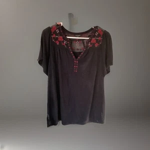 Top Lucky Brand Pequeño Manga Corta Cuello en V Negro Transparente Bordado - Imagen 1 de 6