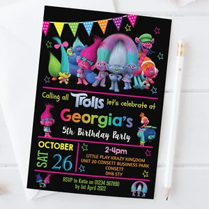 Personalisierte Trolle Geburtstag Party Einladungen Regenbogen Trolle Einladungen Mädchen x10 - Bild 1 von 2