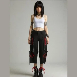 Mujeres Y2K Gótico Punk Cargo Cadenas Pantalones L Rojo Negro Rave Suelto Ropa de Calle Nuevos sin Etiquetas - Imagen 1 de 11