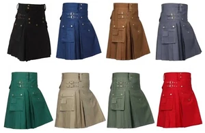 Men Scottish Fashionable Utility Kilt For Men's 100% Cotton Cargo Pockets Kilt - Picture 1 of 30