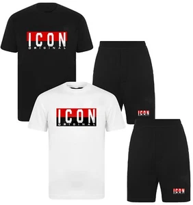 New Mens Cotton T Shirt + Shorts Set ICON2 PRINT Tracksuit Summer - Picture 1 of 3