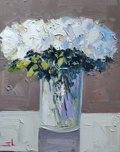 PINTURA AL ÓLEO FLORES BLANCAS VIVIVEK MANDALIA IMPRESIONISMO 16X20 ORIGINAL FIRMADA - Imagen 1 de 4