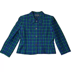 Kasper & Company size 12 Petite Cropped Plaid Blazer Jacket Blue Green - Picture 1 of 6