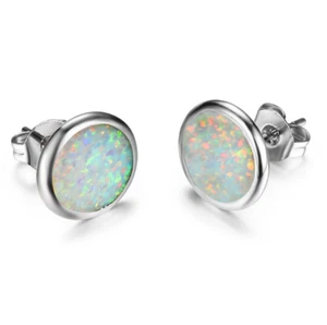 Women 9mm Sterling Silver 925 Round Disc Fire Opal Stud Earrings Gift Box PE35 - Picture 1 of 3