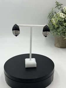 Kenneth Jay Lane Black Carved Resin Demi Hoop Earring with Clear Crystals New - Picture 1 of 12