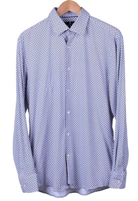 Camisa Hugo BOSS Performance Blanca Azul Marino Estampado Geométrico Poli Elástico 16/L Foto 1 de 4