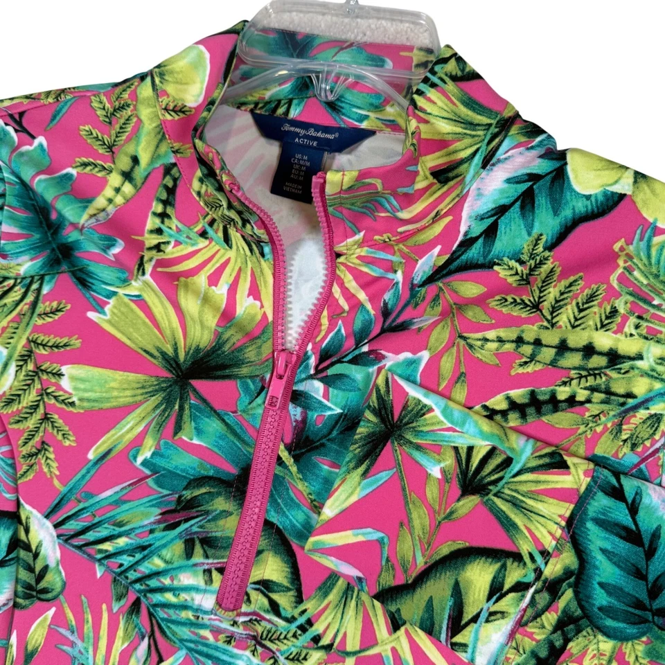 Pulôver feminino Tommy Bahama Active médio rosa verde floral meio zíper - Imagem 1 de 4
