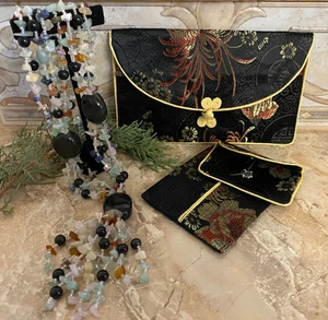 NWOT Asian black embroidered 3 pc cosmetic set, 4 strand agate necklace - 4 pc - Picture 1 of 8
