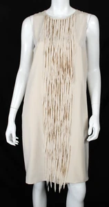Vestido recto BRUNELLO CUCINELLI NUEVO CON ETIQUETAS beige vainilla crepé flecos sin mangas L - Imagen 1 de 6
