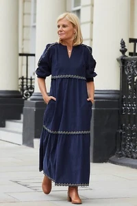 WYSE London Dress Womens UK10 Navy Midi Needle Cord Corduroy Scalloped Tier - Picture 1 of 7
