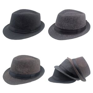 Men Solid Woolen Winter Jazz Fedora Hat Trilby Outdoor Gentleman Caps HY24040
