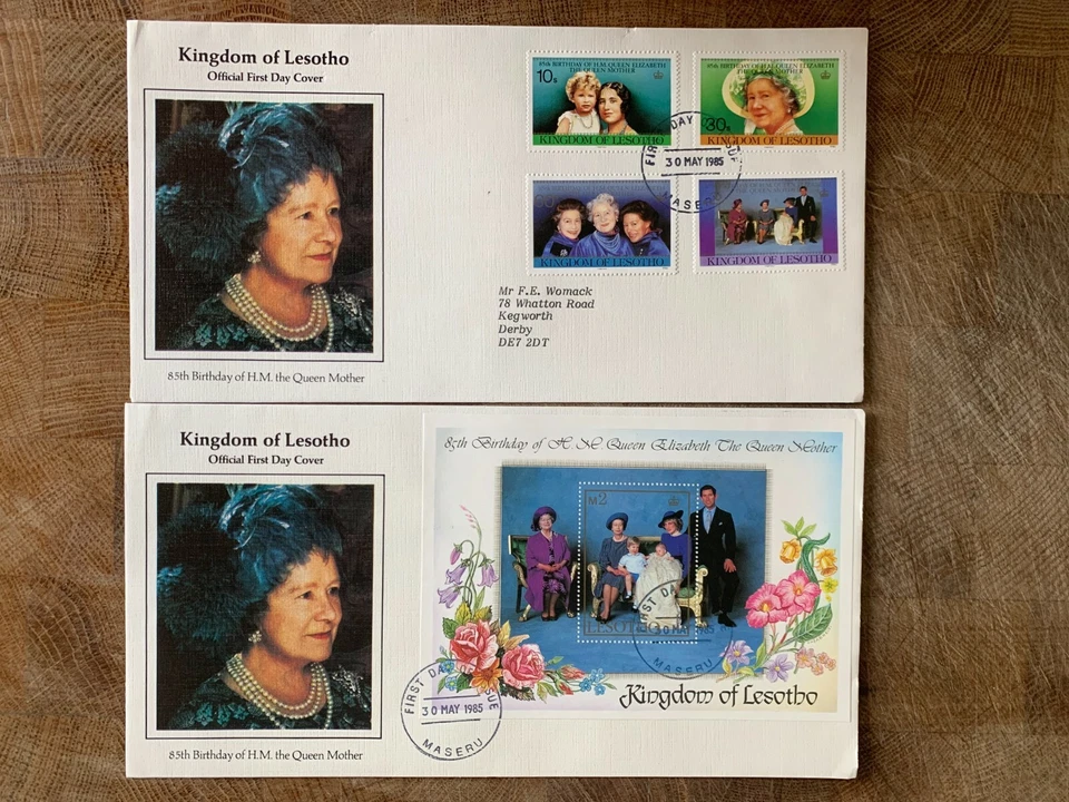 LESOTHO 1985 FDC x 2 КОРОЛЕВА МАТЬ 85-Й ДЕНЬ РОЖДЕНИЯ МАРГАРЕТ ДИАНА УИЛЛС ГАРРИ - Изображение 1 из 3