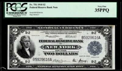 1918 $2 Federal Reserve Bank Note 35PPQ New York free Battleship - Image 1 of 2