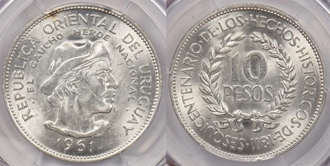 Uruguay 1961 10 Pesos PCGS MS 63 Revolution Sesquicentennial PI0029 combine ship Cover