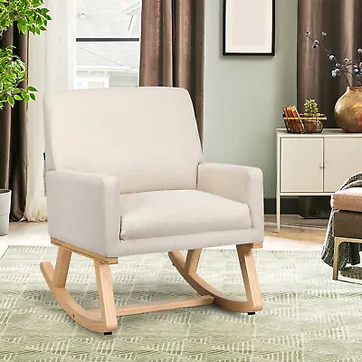 Relax Rocking Chair Fabric Upholstered Single Sofa Armchair W/Solid Wood Legs • 198.99£