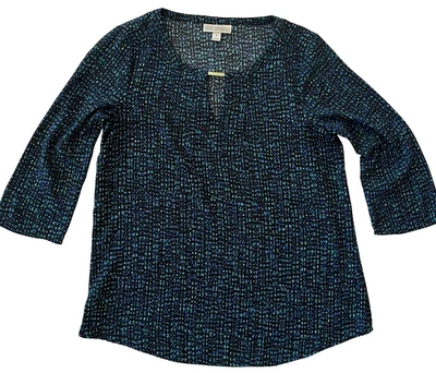 Camisa Top Dana Buchman Verde Azul Negro Poliéster Acento Dorado Mangas 3/4 Pequeña Foto 1 de 4