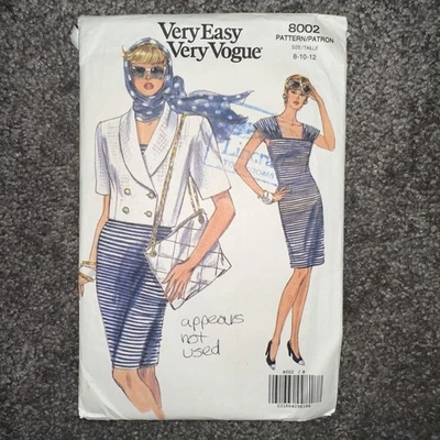 Vogue 8002 Very Easy Sewing Pattern Jacket Dress Sz 8-10-12 C.1991  FF Complete - Image 1 of 4