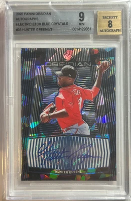 Hunter Greene AUTO~RC #/21 Obsidian Electric Blue Crystals 2020 autógrafo BGS 9 Foto 1 de 2