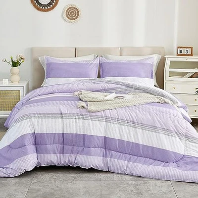  Juego de Edredón - 3 Piezas Ligero Púrpura Blanco Colorblock Queen Lavanda Foto 1 de 4
