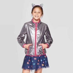 Girls' Long Sleeve Metallic Rain Jacket - Cat & Jack™ Silver XS 4/5 - Picture 1 of 3