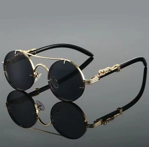 Vintage Round Sunglasses Men Fashion Double Bridge Black Gold Shades Women Retro - Picture 1 of 5
