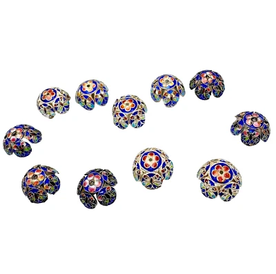Cloisonne 11 Blue Silver Red Plum Color Vintage Bead Caps - Image 1 of 4