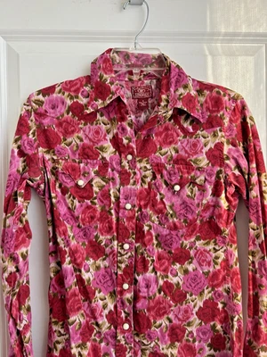 Camisa para mujer Lucky Brand pequeña rosa roja rosa floral perla occidental algodón a presión Foto 1 de 4