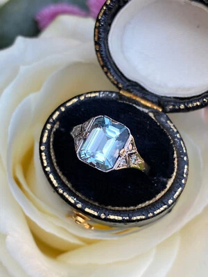 Art Deco Style Aquamarine and Diamond Platinum Ring 0.15ct + 1.80ct - Image 1 of 4