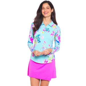 NWT Ladies IBKUL FLORA SEAFOAM MULTI Long Sleeve Polo Golf Shirt - Size SMALL - Picture 1 of 1