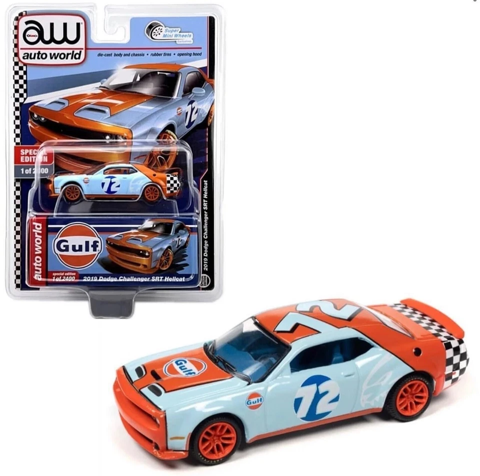 AutoWorld 1/64 2019 Dodge Challenger SRT Hellcat #72 Gulf Oil Opening bonnet - Image 1 of 1
