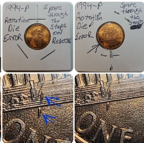 1994 P Spare Through Steps On Reverse Rotated Die Error Lincoln Memorial cent#76 Cover