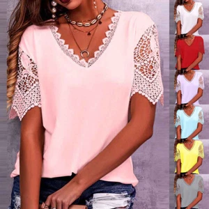 Plus Size Womens Lace Short Sleeve T-Shirts Tee Ladies Summer Party Tops Blouse - Picture 1 of 18