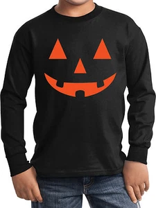 Kids Halloween Orange Jack O Lantern Long Sleeve T-Shirt - Picture 1 of 13