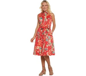 Isaac Mizrahi Live! Tropical Floral Print Shirt Dress, Tropical Red, Reg 6 - Picture 1 of 3