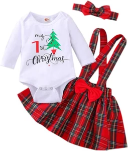 Newborn Baby Girl Christmas Outfits My 1St Christmas Romper+Suspender Skirt +Hea - Picture 1 of 7