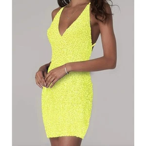 NWT Scala Deep V Short Mini Dress Sequin Spaghetti Strap Open Back Neon Yellow 6 - Picture 1 of 14