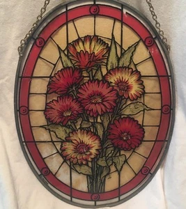 Vintage Sonnenfänger Gänseblümchen Zinnien Buntglasoptik oval 10" Amia-Stil LESEN - Bild 1 von 12