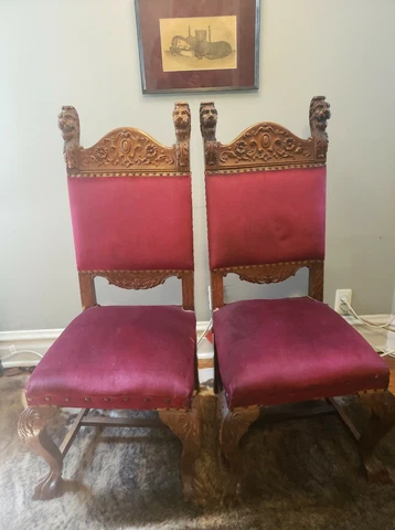 2x Renaissance Revival Chairs 1800s Quarter Sawn Carved Lion Red Velvet Cover