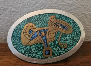 Vintage Mexiko Alpaka Chip Stein Intarsien Western Gürtelschnalle mit Sattel Lasso Design.  - Bild 1 von 8
