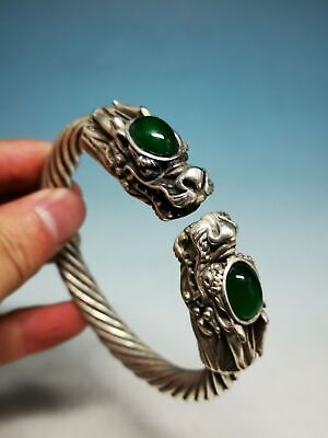 Old Tibetan Silver Handmade Double Dragons Headed Inlaid Jade Men's Bracelet E04 • 3.20£