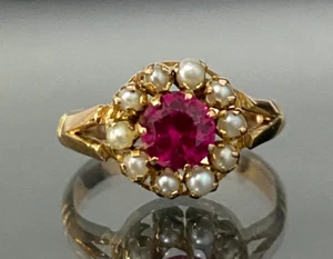 Edwardian 18K Rose Gold W/ Ruby & Seed Pearl Cluster Ring Size M - 6 - Picture 1 of 9