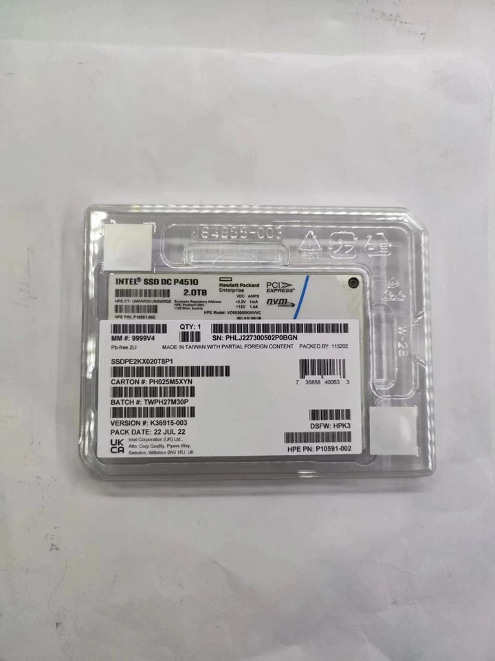 HPE Intel SSD DC P4510 2.0TB UWVVC01J9GW0Q5 SSDPE2KX020T8P1  SSD DC NVME U.2 - Image 1 of 1
