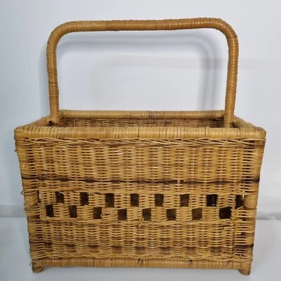 VTG Wicker Basket Magazine Album Book Rack Storage Boho Cottagecore Handle  - Image 1 of 4