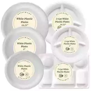 Disposable White Plastic Plates Heavy Duty Reusable 7" 9" 10" Microwave Safe - Picture 1 of 35