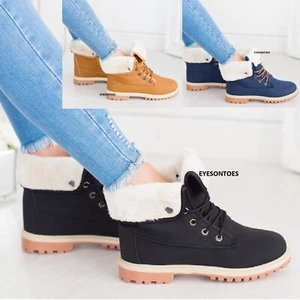 DAMEN FLACH MIT FELL GEFÜTTERT DAMEN RUTSCHFESTE SOHLE WINTER ARMY COMBAT STIEFELETTEN SCHUHE GRÖSSE - Bild 1 von 39