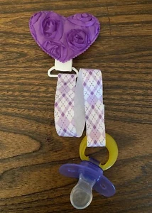 Purple Heart Ribbon Pacifier holder clip strap, binky, paci leash-Handmade - Picture 1 of 2