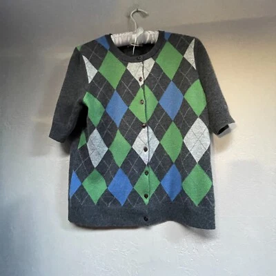 Cárdigan Suéter Grande Gris Verde Kenar 2 Capas Cachemira Mujeres Argyle Manga Corta Foto 1 de 4