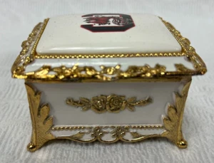 Sanko Porcelain Metal Music Box GAMECOCKS Trinket/Jewelry Japan Victorian WORKS - Picture 1 of 6